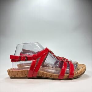 Solesenseability Coral Red Brown Patent Leather Cork Strappy Sandals Womens Sz 8